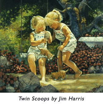 ‘Twin Scoops’  A collector’s plate illustration from early in Jim’s illustration career.  One girl and one kitten modelled for the double pairs of twins… a popular illustration technique.